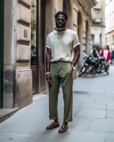Olive Trousers with White T-Shirt